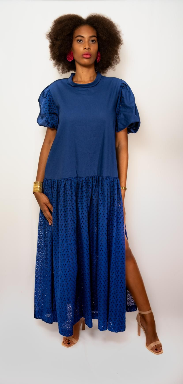 Robe longue coton bleu marine broderie anglaise et Coton uni 