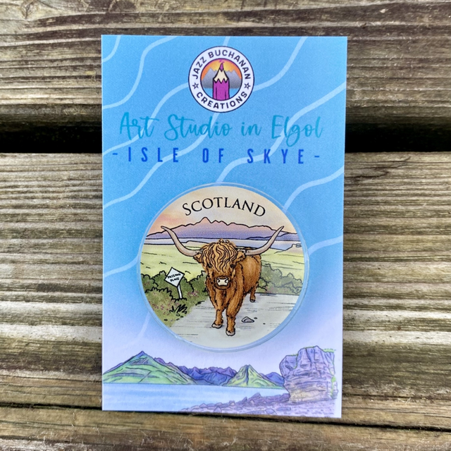 Acrylic pin badge - Scotland Highland Cow Sunset 