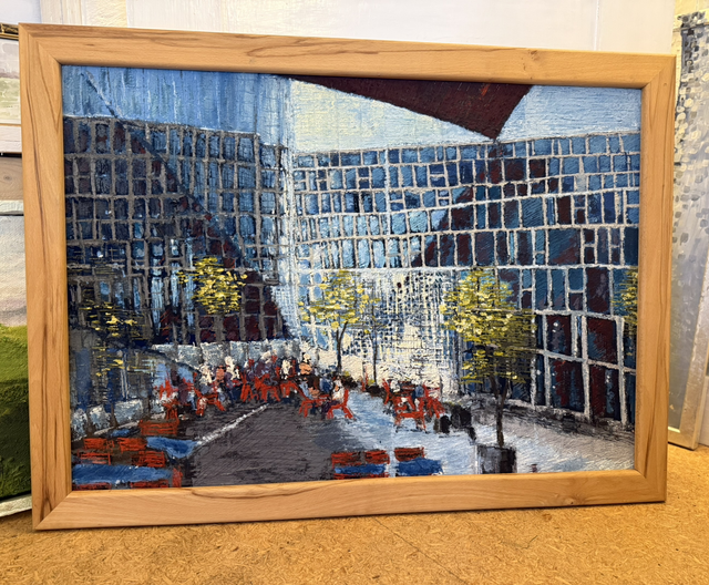 Gemälde „Urban Squares“ Eitempera auf Hartfaserplatte mit Buchenholzrahmen 