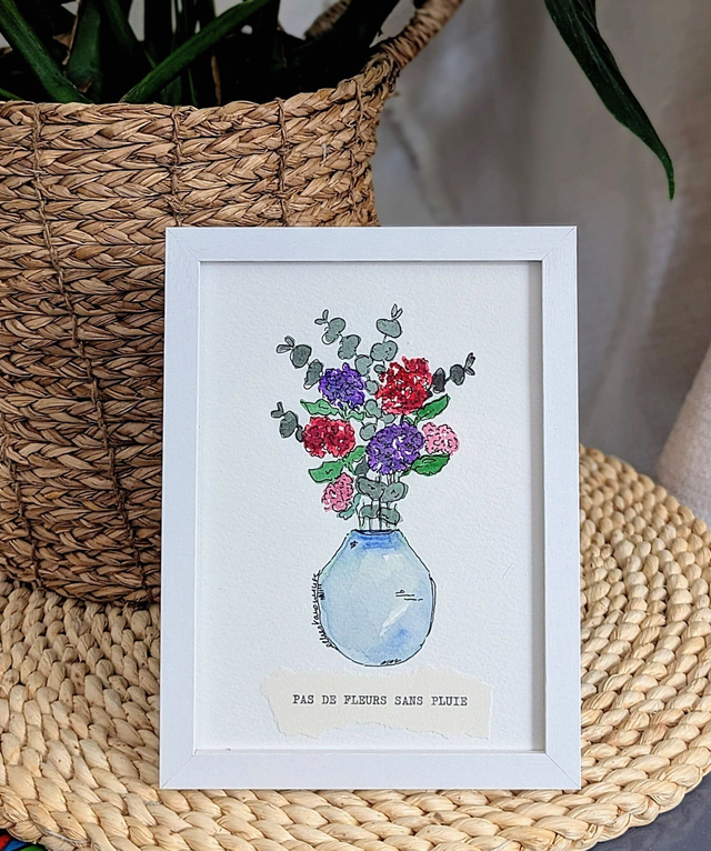 Pluie et fleurs - Aquarelle Originale avec cadre