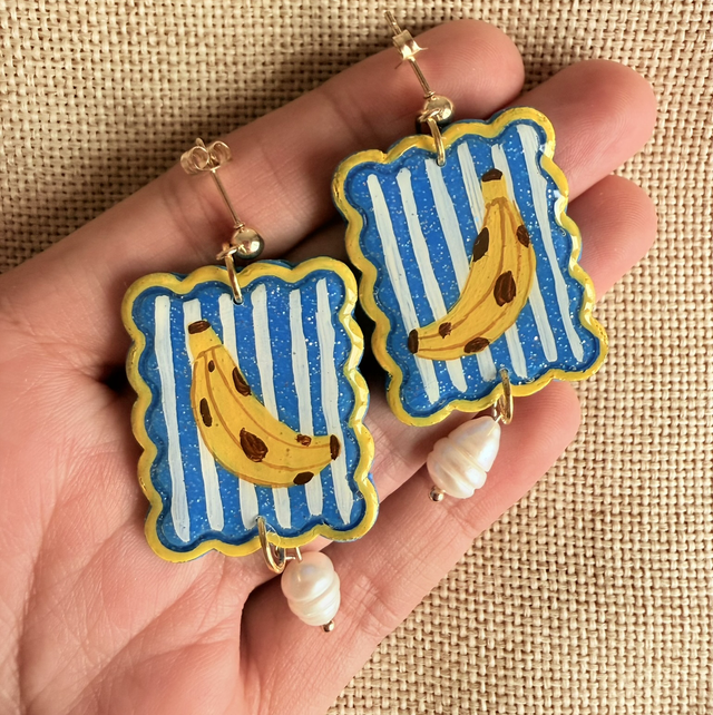 Banana Blue Sparkly Yellow Stripe Earrings - LIMITED EDITION
