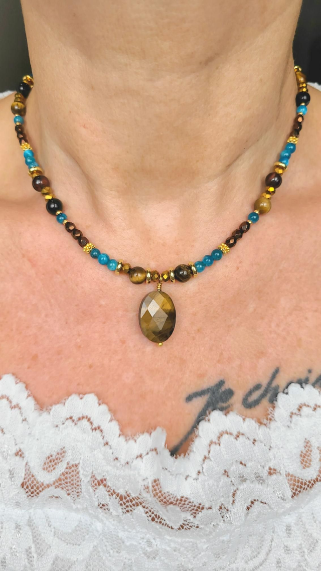 Collier Apatite & Œil du Tigre – Courage & Clarté