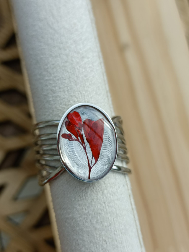 Bague Large Multirangs - Argent - Fleur rouge