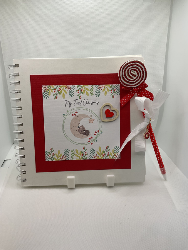 Personalised First Christmas frame and album set. Baby bear design. Red.