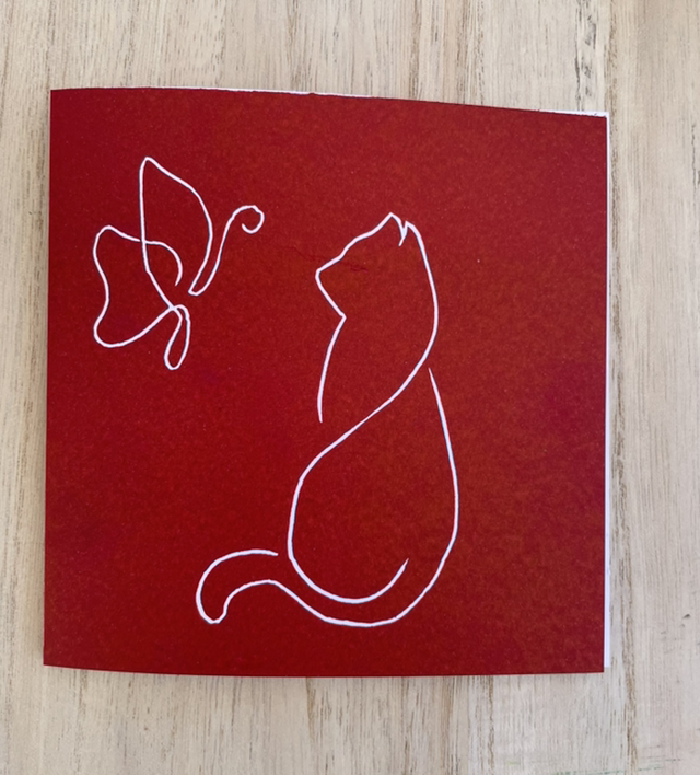 Cat and Butterfly Lino Print Card Red