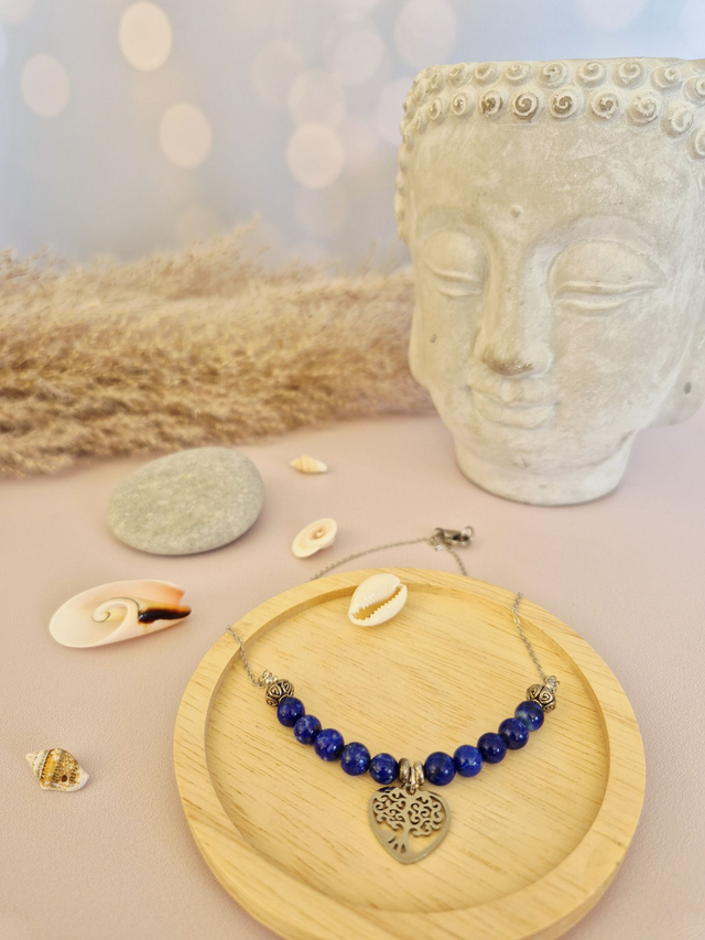 Collier KABOUL – Lapis Lazuli naturel & Arbre de Vie cœur