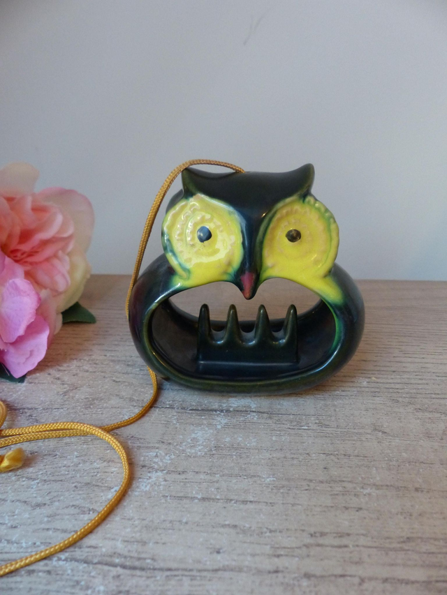 Cendrier Vintage Suspendu en Forme de Hibou - Céramique Émaillée Vert et Jaune - Années 1970 - Décoration Rétro pour Jardin, Balcon Cuisine