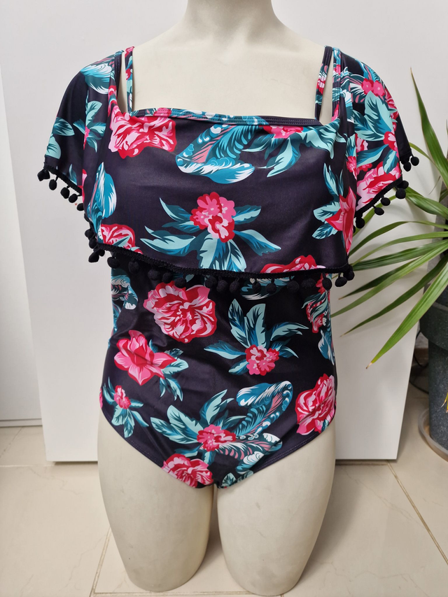 Maillot de Bain Une Piece Col Bateau Pompons Fleurs Taille 2XL