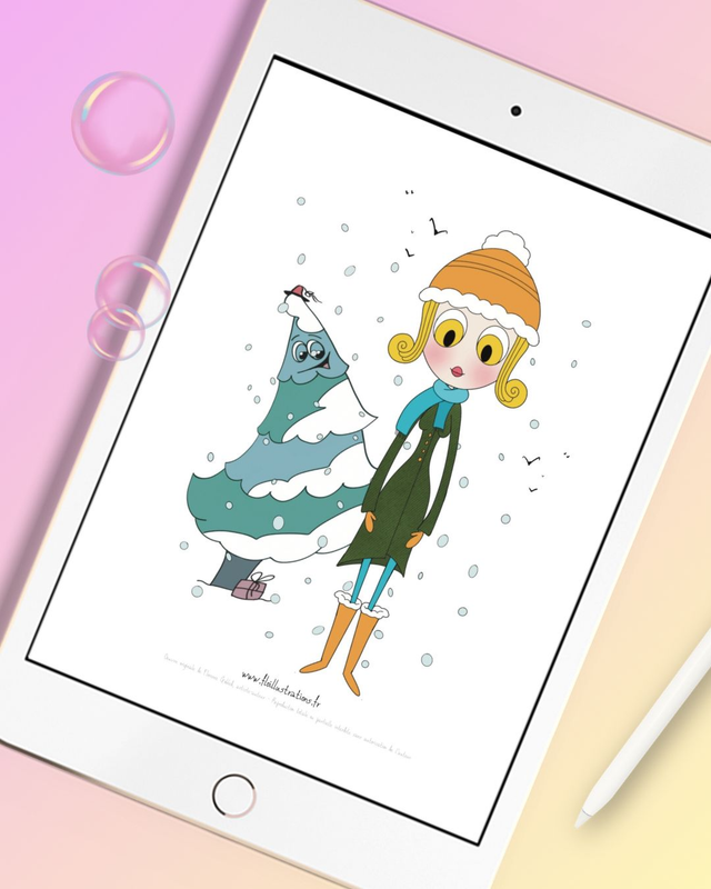 Jour de neige 1 -  Personnage sous la neige devant un sapin