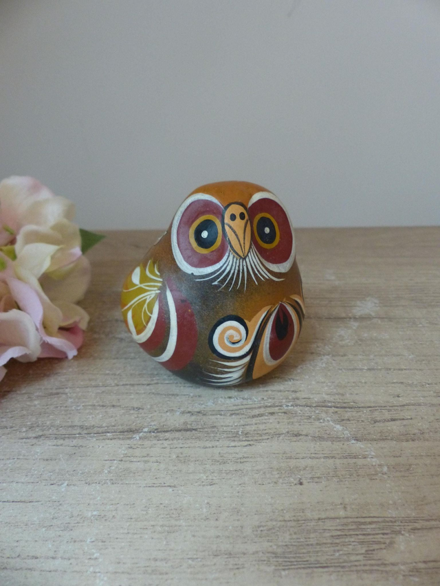 Sculpture chouette en poterie d'art mexicain peint à la main vintage signé Elias Régin Mexico, Tonala en argile couple chouette et hibou