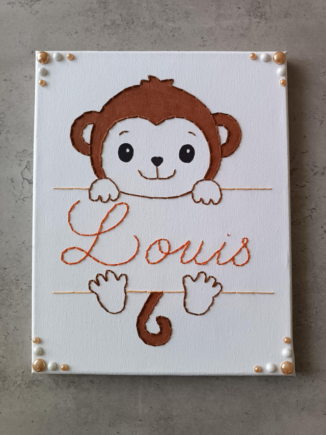 Toile brodée singe avec prénom 