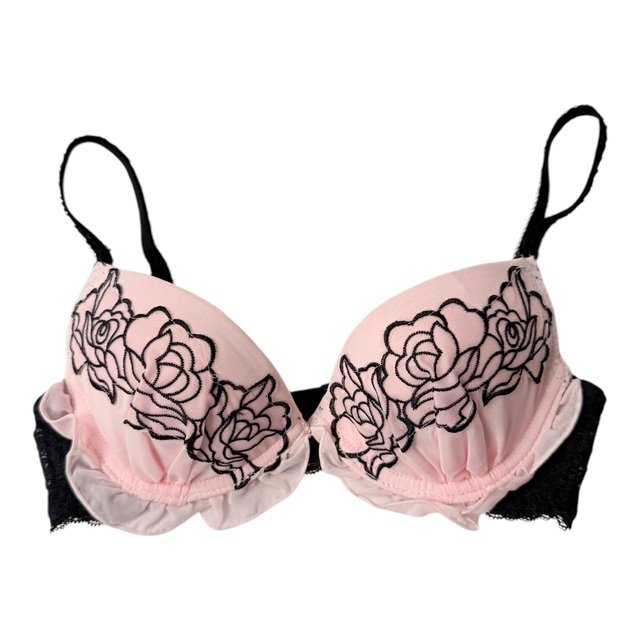 Pink + black floral embroidered Japanese Bra UK 32A, 32C 