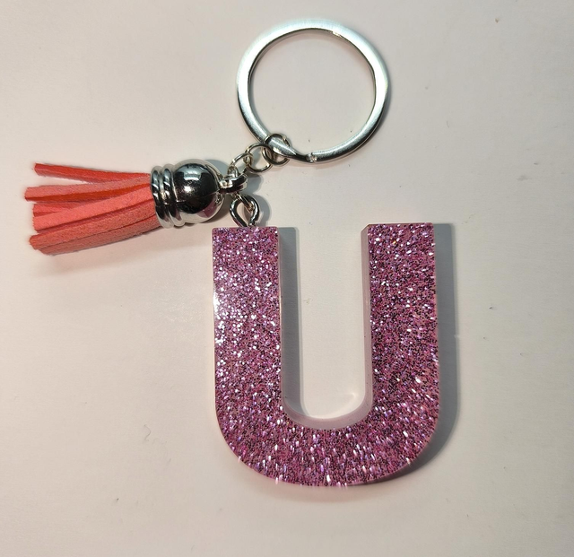 Porte clés initiale "U" rose pailletté 