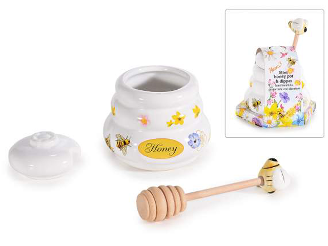 Barattolo portamiele 150 ml in ceramica, coglimiele in legno