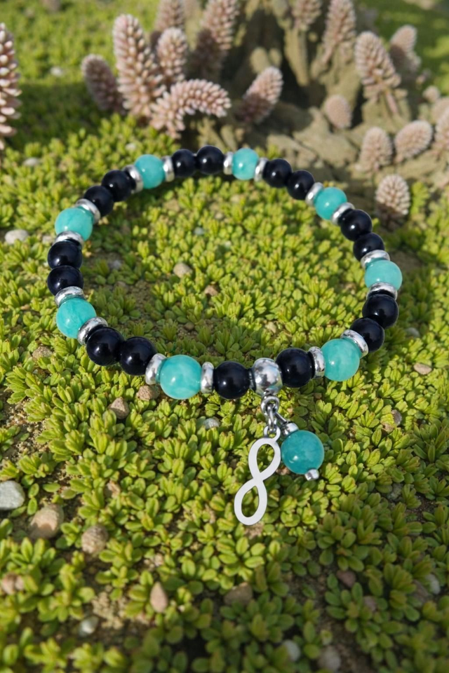 Bracelet Onyx /Amazonite - Force tranquille &amp; Sérénité durable