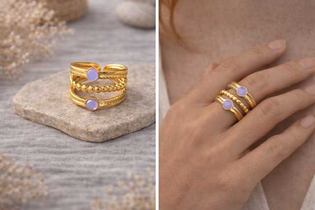 Bague multi-rangs réglable en acier inoxydable 316L – Cabochons fantaisie violets