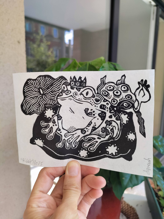 La reine grenouille "Ribbit" , linogravure format 10X15cm