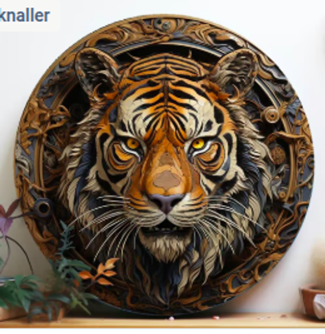 Wanddecoratie metalen bord Tijger gezicht (20cm diameter)