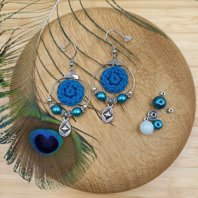 Parure bleu canard et argentée - Boucles d'oreilles créoles bleu canard et argentées