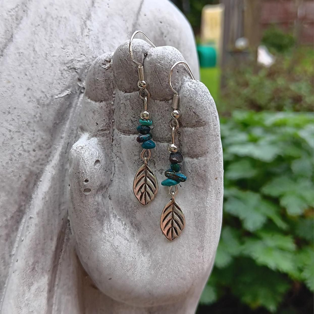 Chrysocolla Crystal Chip &amp; Leaf Sterling Silver Earrings