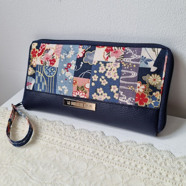 Portefeuille long zippé &quot;Hanako&quot; simili cuir bleu marine