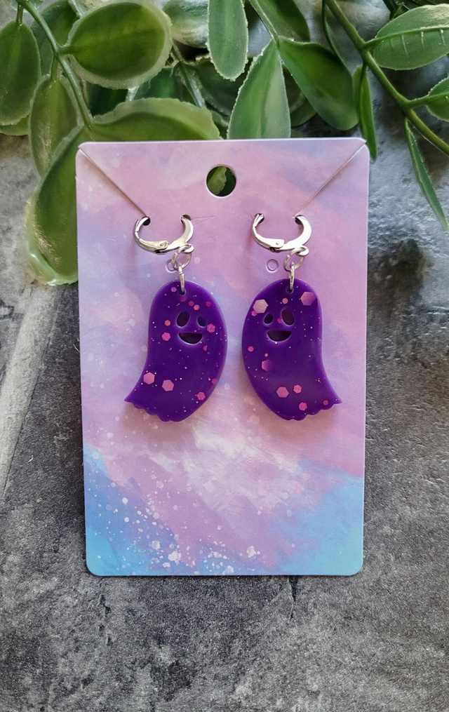 Earrings | Ghost Purple Glitter Ghost | Stainless Steel Leverback Hoops