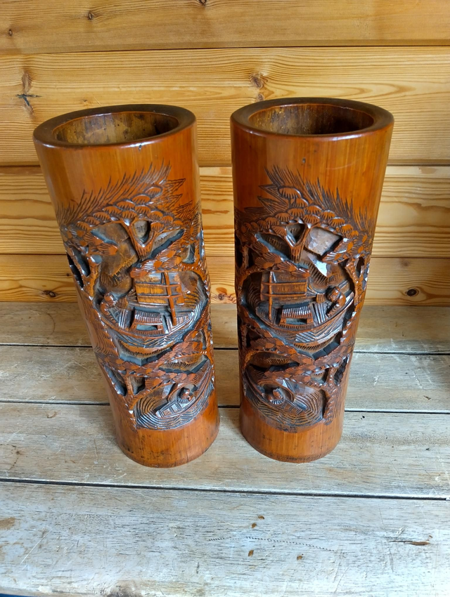 A pair of South East Asian Bamboo brush pots