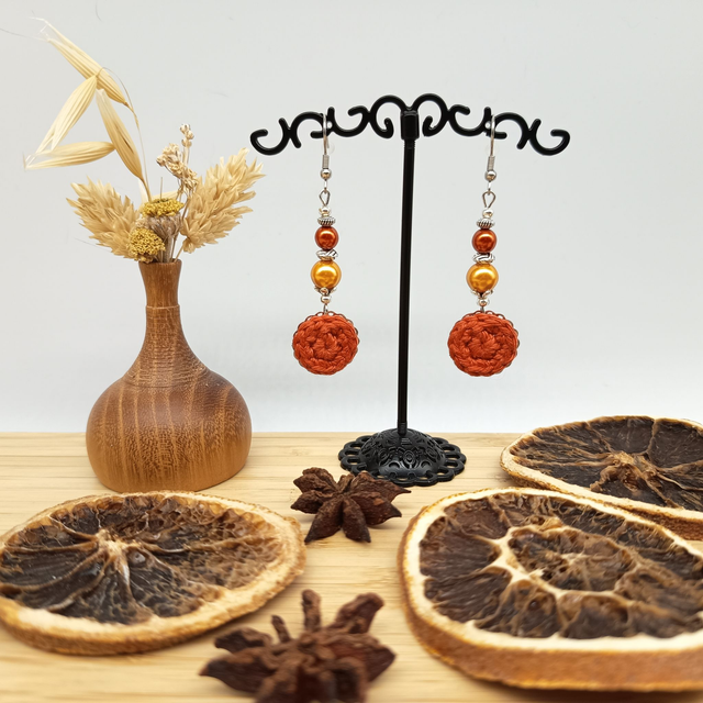 Parure orange foncé et argenté - Boucles d'oreille orange foncé et argenté pendantes