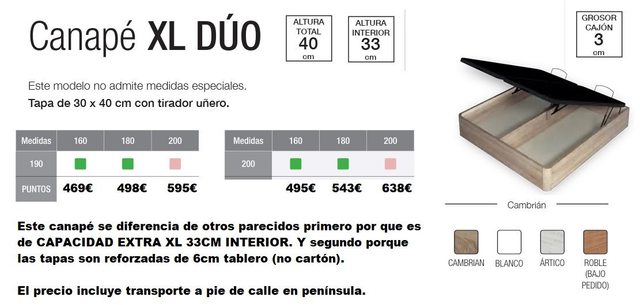 CANAPE ABATIBLE XL GRAN CAPACIDAD 33CM DUO (Familia IMPORTA, transporte incluido)  