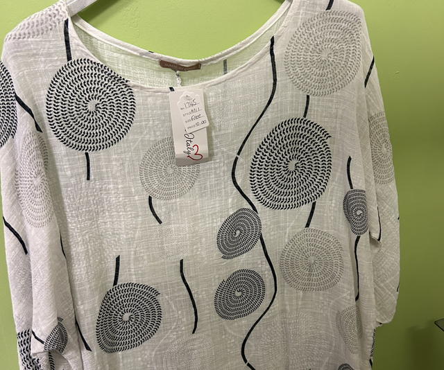 Made In Italy - White Linen Top with Blue Swirl Pattern - Free Size - 1745