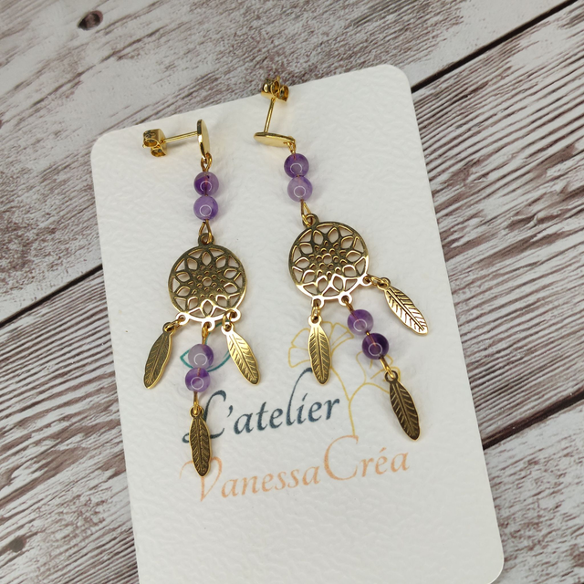 Boucles d'oreilles Attrape-rêves en Améthyste