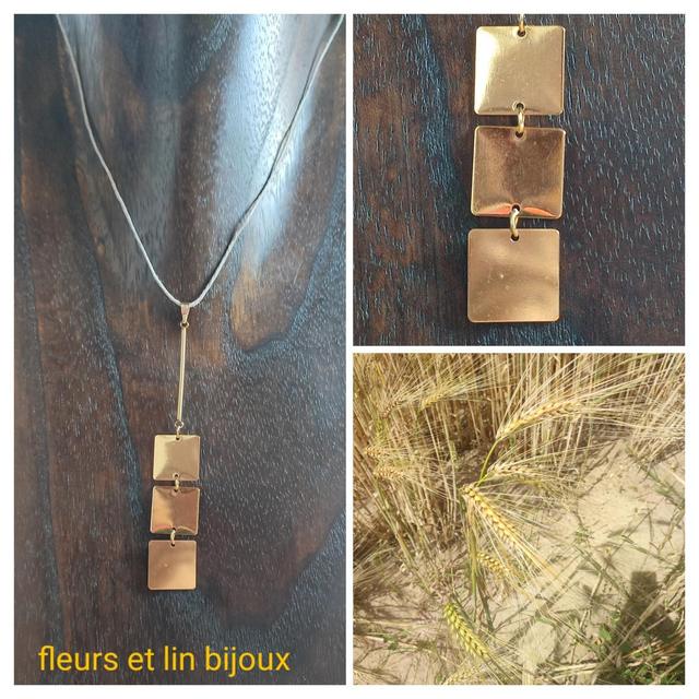 Z- Collier 3 carrés et tige dorés monté sur fil de lin avec chaîne d&#039;extension en pièce unique 