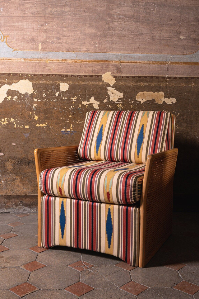 Original vintage luxury armchair design 1970 Italy Pierre Frey fabric poltrona modernariato paglia di vienna house decoration home decor