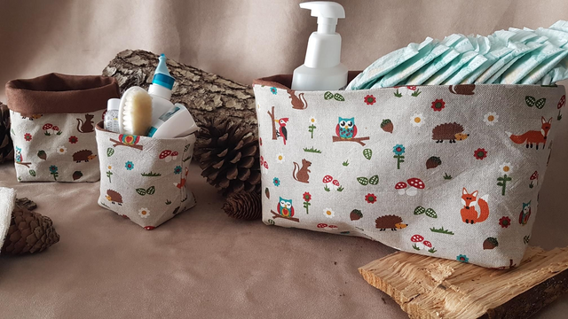 Trio paniers esprit lin animaux de la forêt + 1 moyen panier