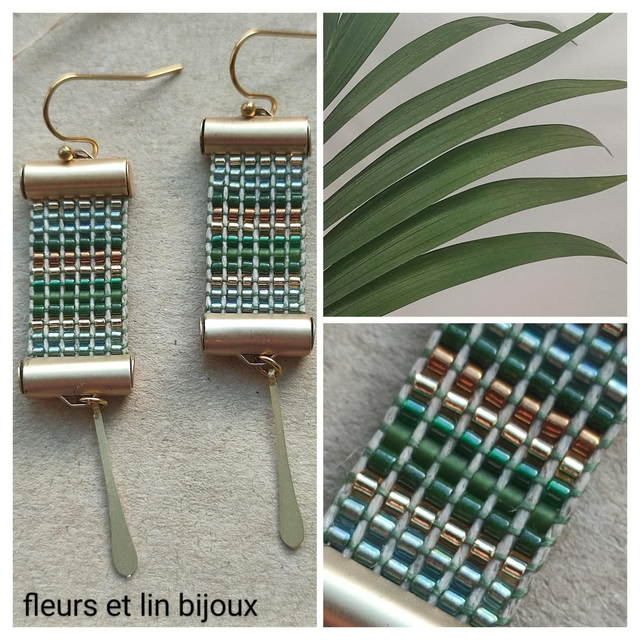 Z- Boucles d&#039;oreilles tissées main en perles de verre miyuki sur fil de lin, fermoirs en acier inoxydable doré -sans nickel, pièce unique 