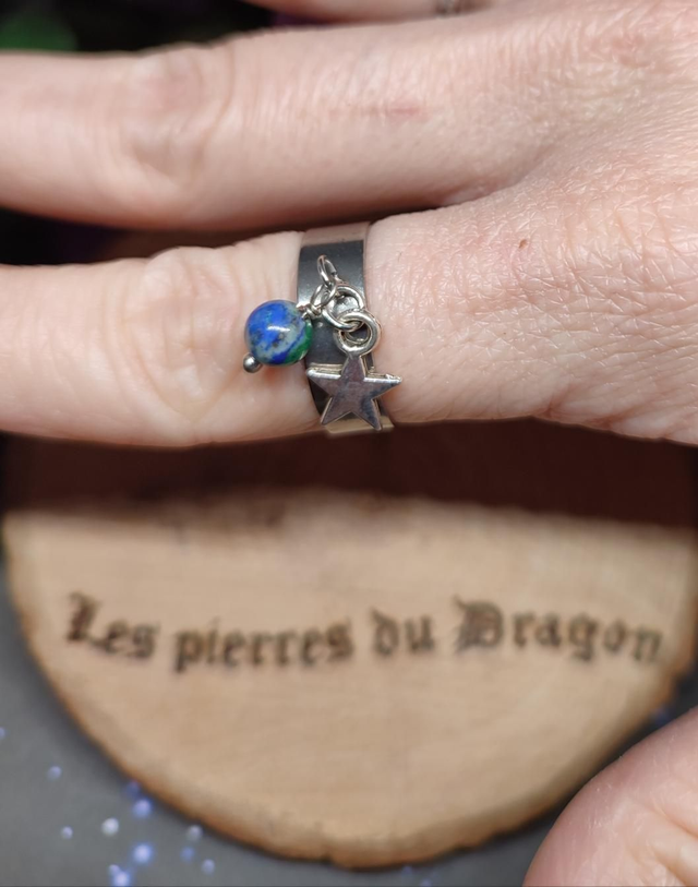 Bague réglable argentée étoile et azurite malachite 