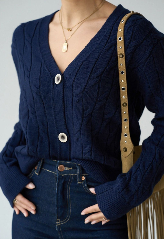 Navy Cable Kinit Cardigan free size 8-16 - KM