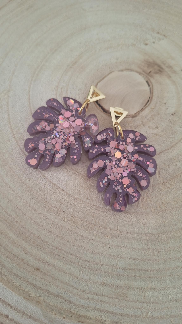 Boucles d'oreilles fleurs violettes/paillettes roses