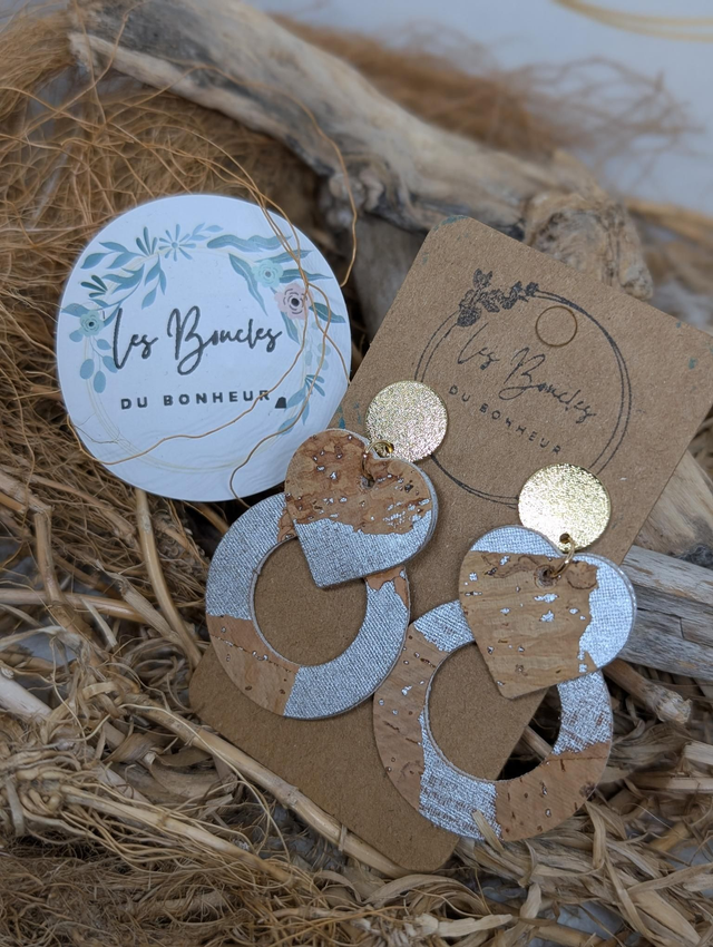 Boucles d&#039;oreilles Coeur ❤️ cuir et liège c2062