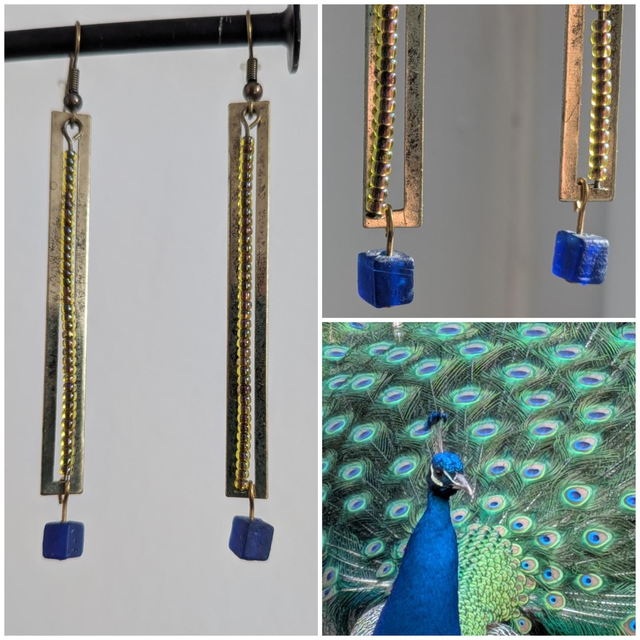 Boucles " cube" en verre bleu mat et perles japonaises olive,longues laiton bronze - sans nickel, pièce unique 