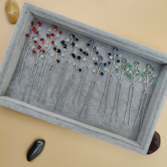 Lot de 3 épingles à cheveux argentées avec strass colorés - Choix de bleu, vert, noir ou rouge 