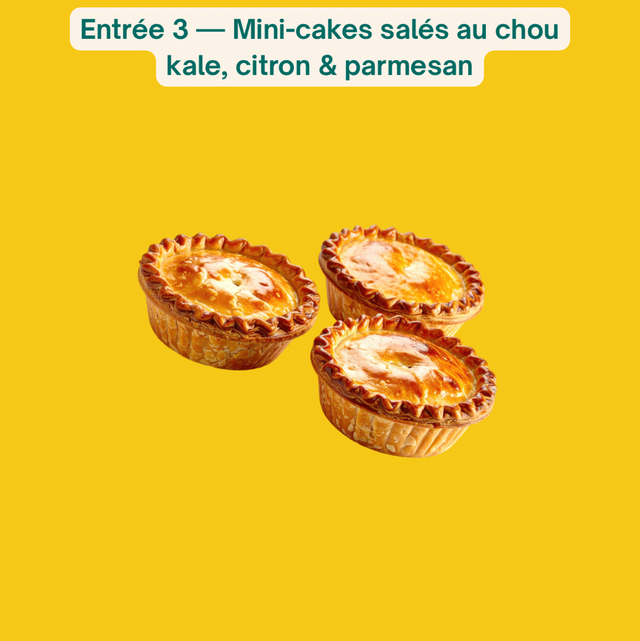 ENTRÉE – Mini-cakes salés au chou kale, citron & parmesan