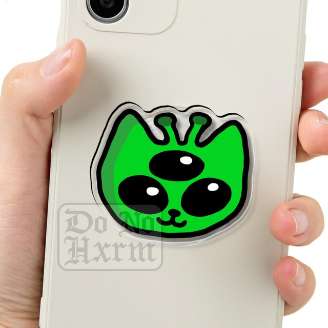 Green Alien Cat Clear Acrylic Phone Grip
