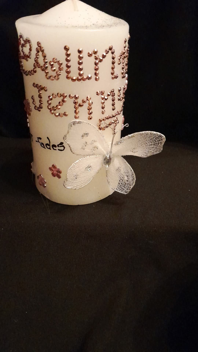 Custom Aunt Jenny POEM &amp; BUTTERFLY Theme Custom Decorated &amp; Designed On A Pillar Candle PRE-ORDER