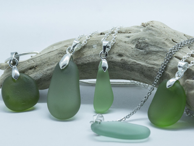 Green sea glass pendant necklaces on sterling silver plated chain
