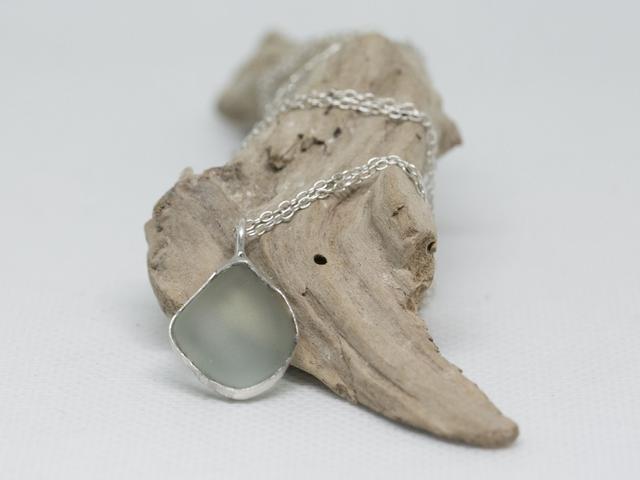 Bezeled sea glass pendant with sterling silver chain