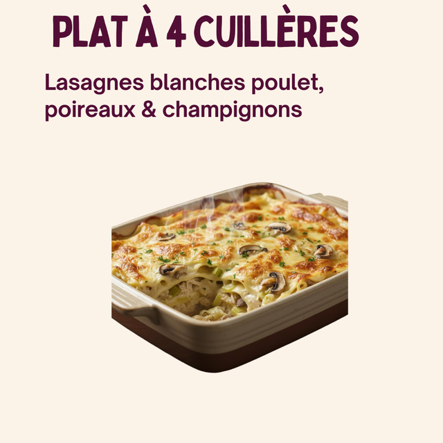 PLAT À 4 CUILLÈRES  –  Lasagnes blanches poulet, poireaux &amp; champignons
