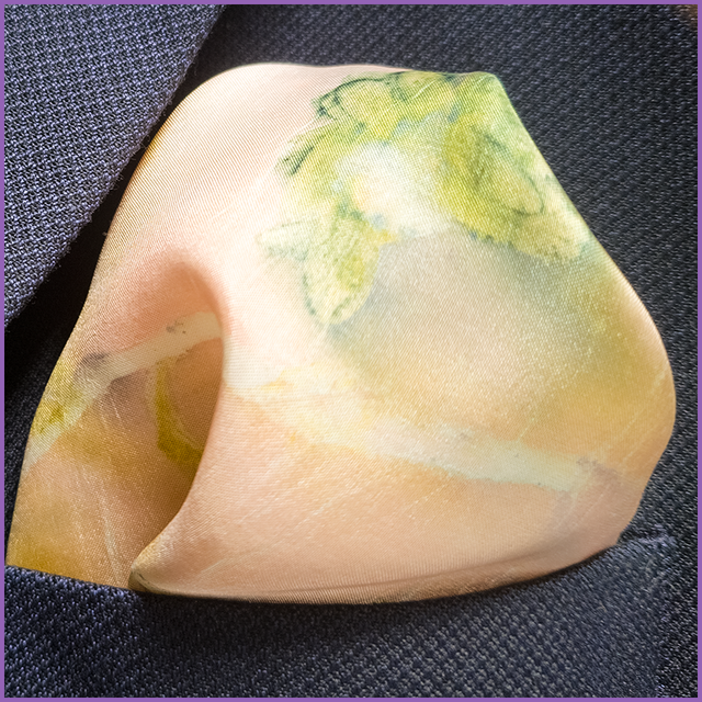 100% Silk Pocket Square - Eco printed with willow and heuchera leaves, african daisy and pelargonium flowers, blanket dyed in madder root