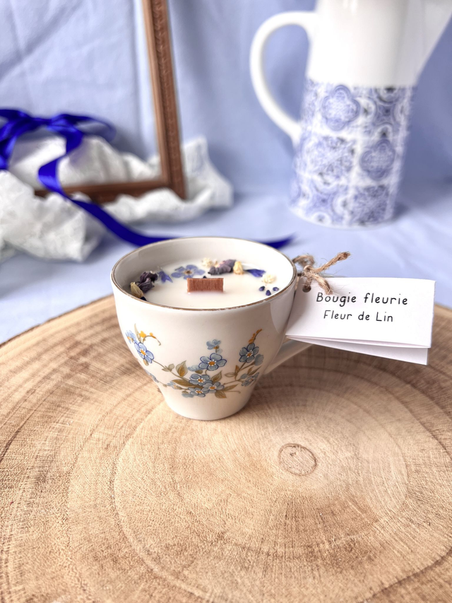 💙 Bougie Fleur de Lin - tasse à café &quot;myosotis&quot; en porcelaine