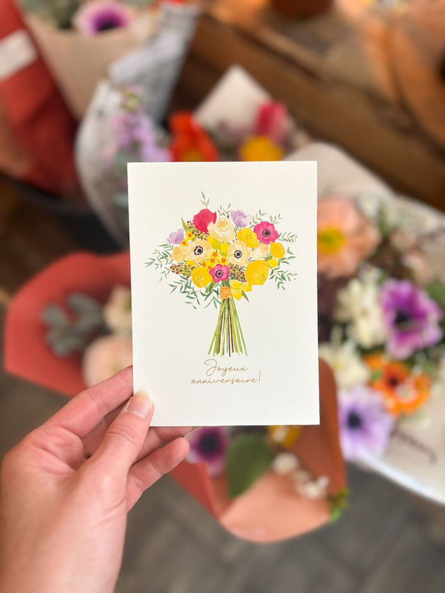 Carte postale Pulsion créative - Joyeux anniversaire et bouquet de fleurs